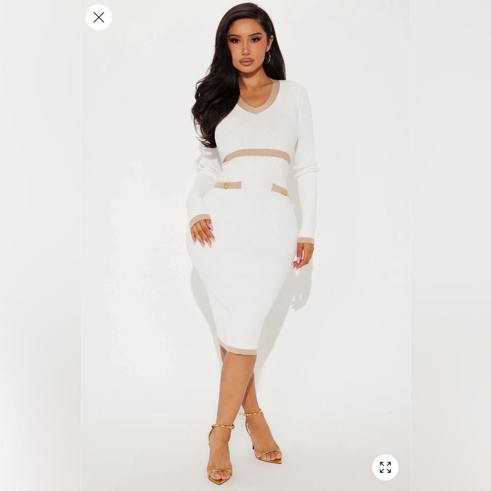 White & Taupe Sweater Long Sleeve Midi Dress